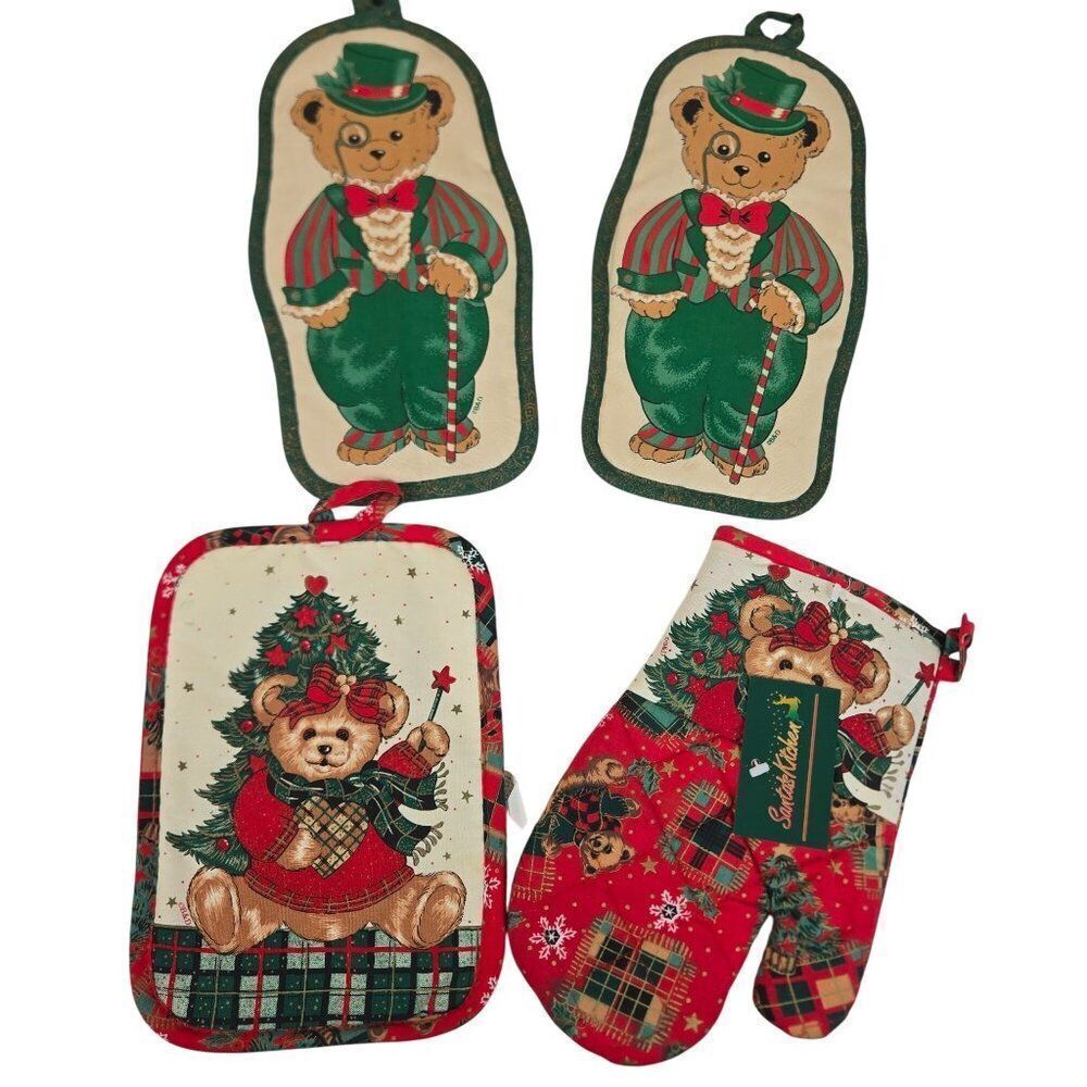 Vintage Christmas Teddy Bear Oven Mitt Pot Holder Holiday Kitchen Decor 4 Piece